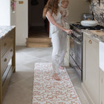 Mother holding baby whilst standing on anti-fatigue kitchen play runner